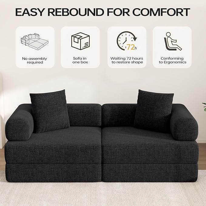 DURASPACE 78.4'' Convertible Folding Sofa Bed, Floor Sleeper Sofa Couch with Fixed-Shape Frame, Compression Comfy Couch in a Box, Boneless Modular Loveseat for Living Room (Chenille Black)