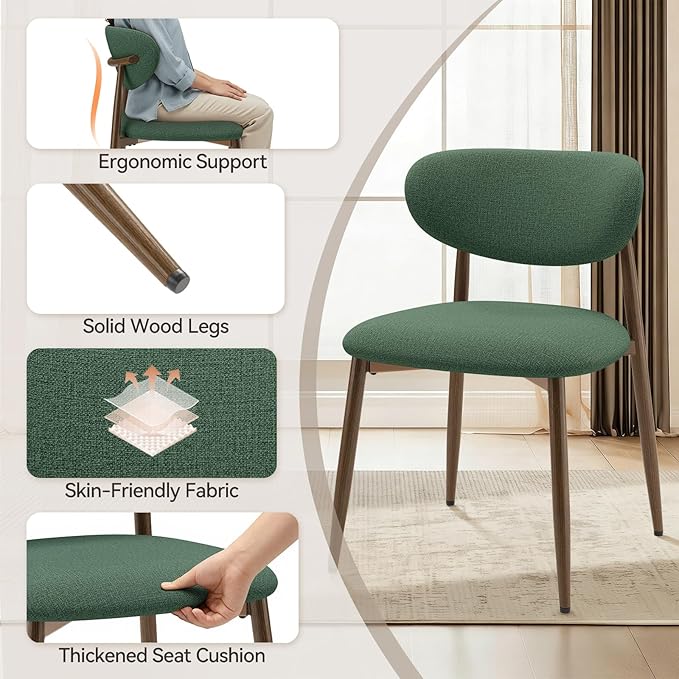 Dining Chairs Set of 2, Curved Back Kitchen Room Chairs with Metal Legs and Anti Slip Pads, Upholstered Dining Chair for Home and Restaurant, Green