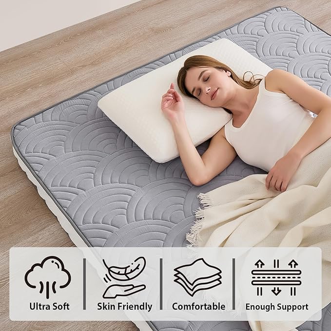 Zelladorra Japanese Floor Mattress, Quilted Futon Mattress with Anti-Slip Bottom, Foldable Floor Bed with Storage Bag and Straps, (Light Grey, Full)