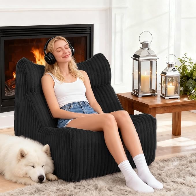 Bean Bag Chairs, Giant Bean Bag Chair for Adults, Memory Foam Lounge Chair, Comfy Lazy Floor Chair, Bean Bag Sofa for Living Room, Bedroom and Office, Single Bean Bag (Black)