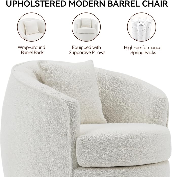 FaFaSoGoodFa Swivel Accent Chair Set of 2, Modern Upholstered Boucle Barrel Arm Chairs with Pillow for Living Room, 360 Degree Round Swivel Sherpa Armchair with Round Base for Bedroom Club (2, Cream)