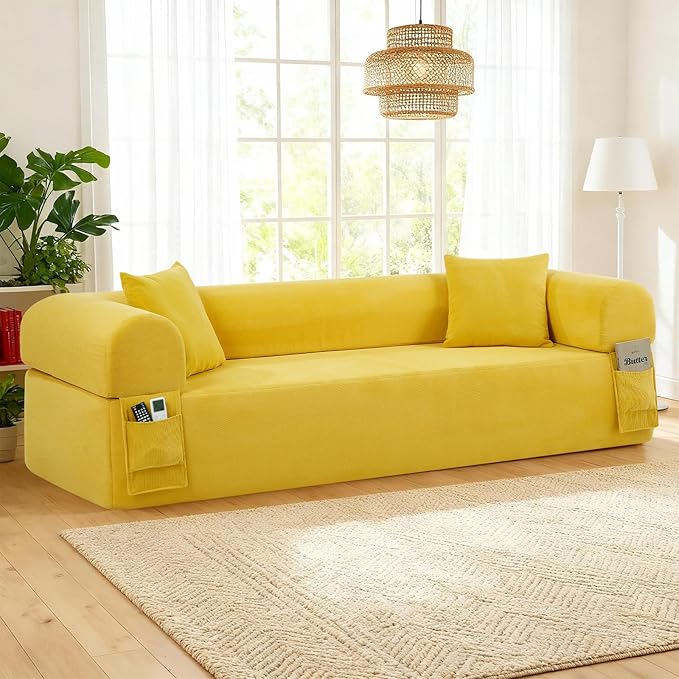 GJQ 3 Seater Boneless Couches for Living Room,Corduroy Couch with 2 Pillows & Storage,Memory Foam Couch in a Box,Compressed Floor Sofa with Armrests,No Assembly Required Cloud Sofa,Yellow