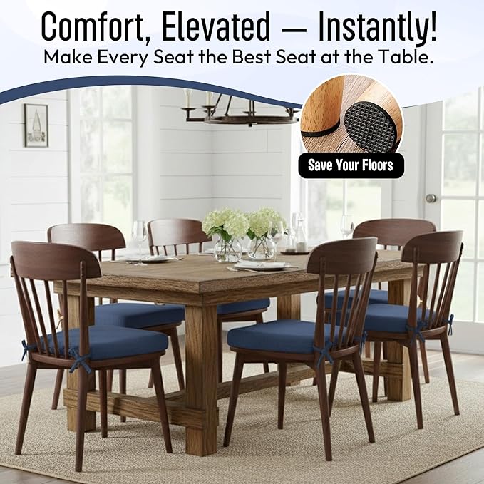 D-Shaped Indoor Chair Cushions 17" x 16" for Kitchen & Dining Chairs – 2'' Thick Seat Pads with Ties & Non-Slip Backing, High-Density Foam, Machine-Washable Covers, Set of 2 with Chair Leg Pads, Blue