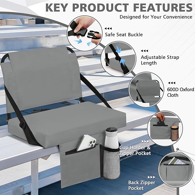 Stadium Seat for Bleachers with Back Support and Wide Padded Cushion Stadium Chair - Includes Shoulder Strap and Cup Holder