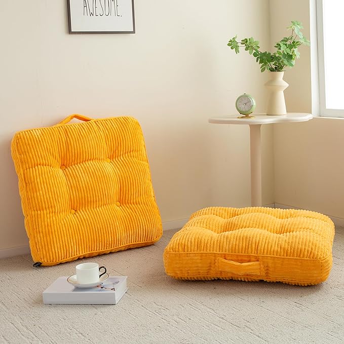 Washable Floor Pillow Cushion for Adults, Meditation Cushion Pillow, Large Square Floor Sitting, Removable Tufted Corduroy Cover, for Tatami Living Room or Yoga, 22x22 Inch, 2Pack, Machine Washable