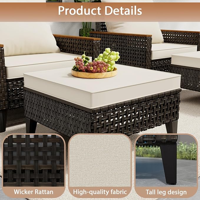 Xmkmvk 7 Piece Patio Sectional Sofa Furniture Set, All-Weather Wicker Rattan Outdoor Conversation Set with High Back and Thick Cushions, for Garden, Porch, Poolside, Beige