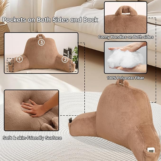 PAJEO Reading Pillow for Sitting in Bed, Large Backrest Reading Pillow with Arm Rest,Back-Rest Support Cushion for Sit Up on Couch, Sofa, and Floor, Dorm Essentials (Khaki Faux Fur, Standard(17"))