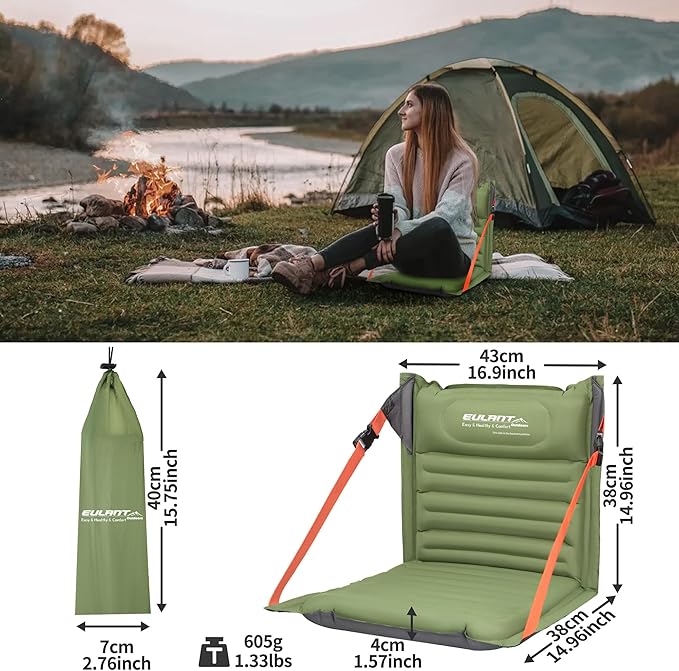 EULANT 2 Pack Lightweight Inflatable Folding Seats for Camping Chair with Back Support and Adjustable Straps,Foldable Bleacher Chairs for Camping Hiking Sporting Events and Park