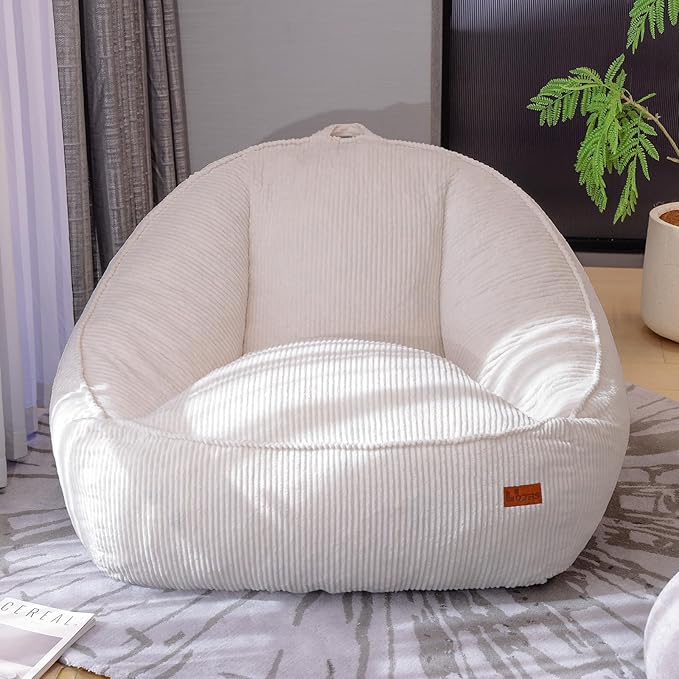 Giant Bean Bag Chair for Adults, Teens and Kids, Cozy Fluffy Corduroy Beanbag Chair with Filler, Large Floor Lounge Sofa for Living Room, Bedroom, Dorm, Gaming and Reading（L-White）