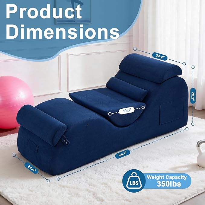 DRMBOOK Yoga Chairs for Adults, Corduroy Fabric Chaise Lounge with Headrest, Boneless Yoga Sofa Couch with Waist Cushion, Movable Footrest, Side Pockets for Relaxation Exercise Stretching (Blue)