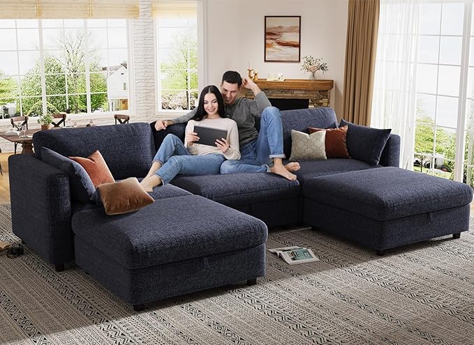 KKL Sofa Couches for Living Room - 113" Modular Sectional Couch Down Filled Sectional Sofa with Adjustable Backrest, Oversize Cloud Deep Couch 5 Seater with Storage Ottoman Chenille, Blue