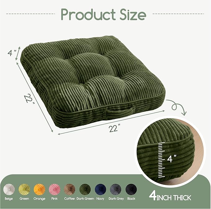 HIGOGOGO Washable Floor Pillow Cushion for Adults, Meditation Cushion Pillow, Large Square Floor Sitting, Removable Tufted Corduroy Cover, for Tatami Living Room or Yoga, 22x22 Inch, Machine Washable
