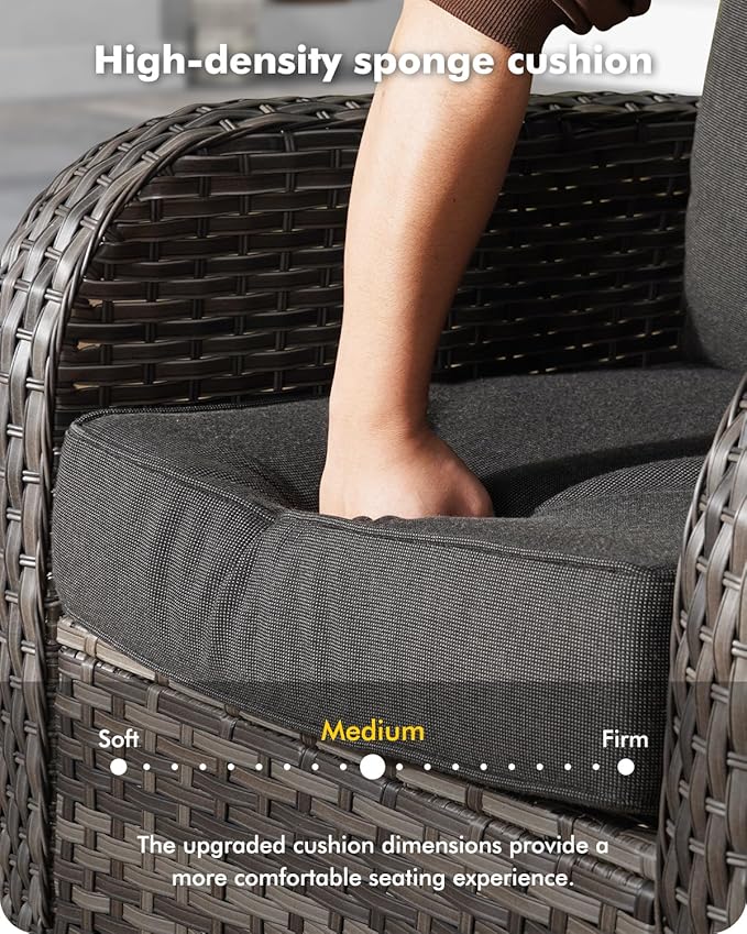 7-Piece Wicker Patio Furniture Set, All-Weather Rattan Conversation Bistro Loveseat Chair and Patio Rockers Set for Backyard, Balcony and Deck with Soft Cushions and Metal Table(Black)