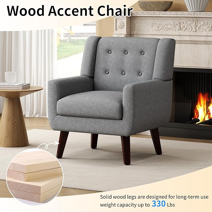 Accent Chairs, Mid-Century Modern Upholstered Living Room Armchair, Comfy Oversized Linen Fabric Single Reading Arm Chair with Tufted Back and Wood Legs for Bedroom, Club (1, Grey)