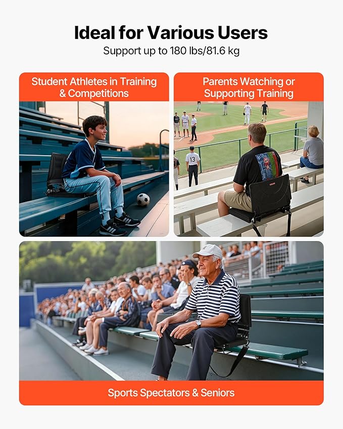 VEVOR Stadium Seat, Folding Bleacher Chair with Back Support and Thick Cushion, Padded Stadium Seat for Bleacher Includes Shoulder Strap, Hooks, Cup Holder, Lycra Material, Side Pocket, PP Material