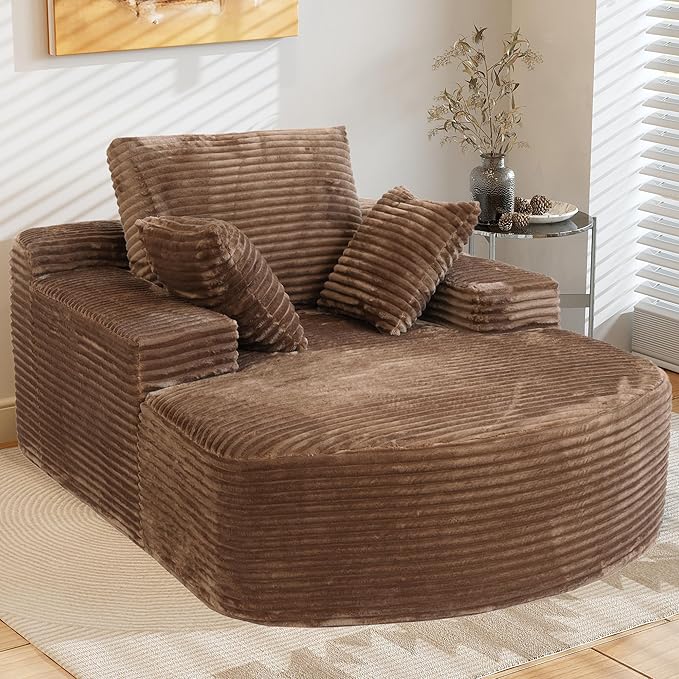 WJShome Oversized D-Shaped Lounge Chair Indoor, Modern Upholstered Corduroy Deep Seat Circle Single Foam Couch,Cloud Lounge Floor Sofa Chair for Living Room, Brown