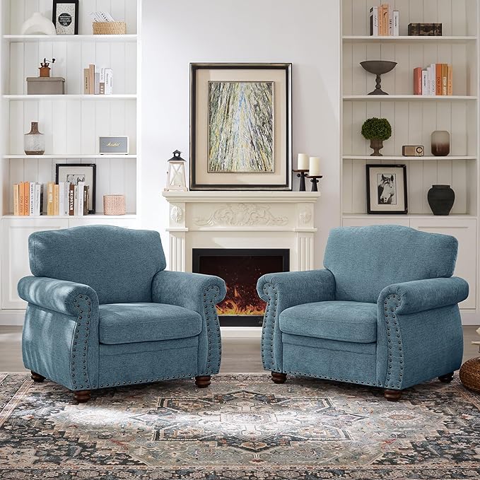 ONBRILL Nailhead Trim Armchair, Rolled Arm Accent Chair for Living Room, Comfy Chenille Club Sofa Chair w/Springs Cushions & Wood Legs, Traditional Single Couch Chair for Apartment, Farmhouse, Teal