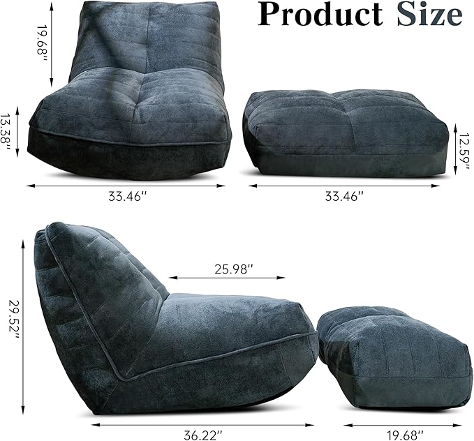 Cvortll Bean Bag Chair with Ottoman, Comfy Bean Bag Sofa with Memory Foam, Lazy BeanBag Sofa with Footstool, Fireside Bean Bag Couch for Living Room, Bedroom, Apartment (Blue Gray)