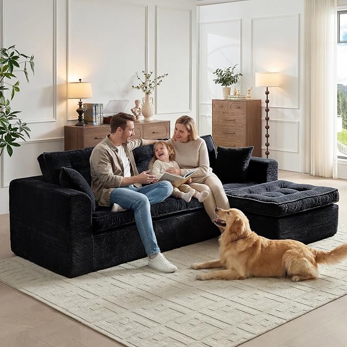 Cloud Modular Sectional Couches for Living Room and Bedroom, Boneless Couch with L-Shape Chaise Modern Deep Seat Floor Sofa,Plush Corduroy, No Assembly Required(Black)