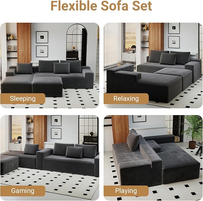 KAPEETOO Modular Sectional Sofa Cloud Couch with Left Chaise Longue, U Shaped Boneless Couch with Ottoman Deep Seat, Oversize 3-Seater Boneless Sofa Set for Living Room Bedroom (Grey)