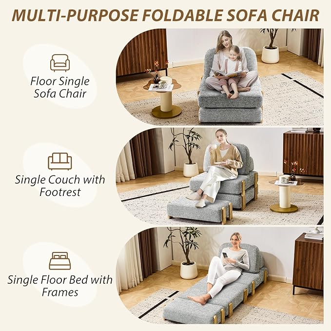 Folding Sofa Bed with Ottoman, 2-in-1 Fold Out Single Sleeper Chair with Wooden Frame, Headrest & Lumbar Pillow, Chenille Boneless Memory-Foam Filled Floor Couch Seating for Living Room Reading, Grey