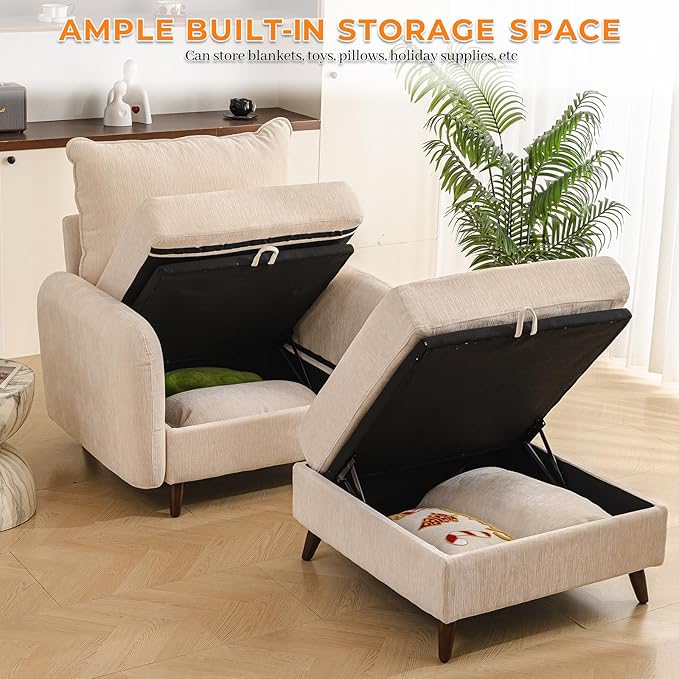 Oversized Accent Chair with Ottoman,All Seats Storage,Comfy Big Armchair,24.5'' Deep Seat,Upholstered Living Room Chairs,Reading Chair,Lounge Chair for Bedroom,Office,Chenille,Cream