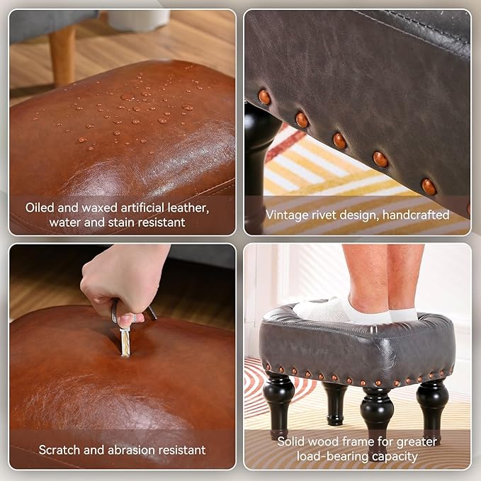 DSGAMER Leather Ottoman Footrest,Rustic Foot Stools Seat,Wood Footstool,Rectangle Footrest Small Ottoman for Bedroom,Living Room,Office,Entrance Hall (Brown)