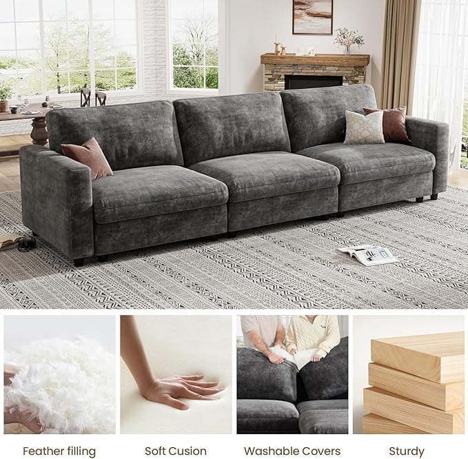KKL Modular 113" Sectional Sofa - 3 Seater Couches for Living Room, Sofa Couch with Adjustable Backrest, Modular Couch with Comfy Cushion, Chenille, Grey