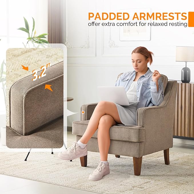 VINGLI Mid-Century Modern Accent Chair, Light Brown Upholstered Armchair Comfy Sofa Chair Reading Chair High Back for Living Room Bedroom Furniture Apartment