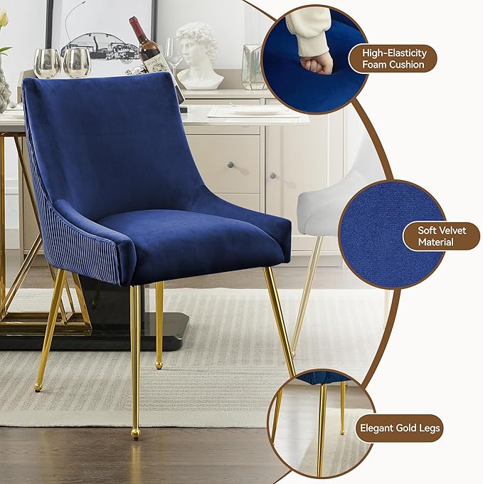 WUTUTUEE Velvet Dining Chairs Set of 4 Gold Legs,Upholstered Velvet Accent Chairs, Pleated Back Design & Gold Pull Handle, Mid Century Modern Chairs for Dining/Kitchen/Living Room,Blue