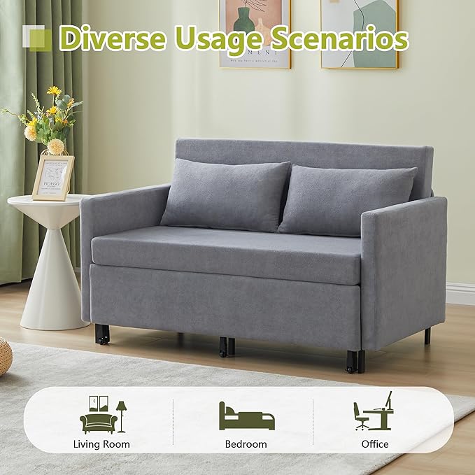 QHITTY Pull Out Couch Bed, 2-in-1 Sleeper Sofa Small Loveseat Bed with Hidden Side Table and Iron Frame for Living Room, Small Space, Apartment (Grey)