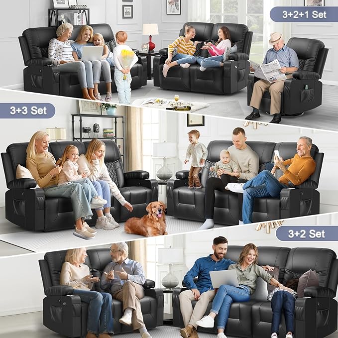 FURNIMAT Oversized Recliner Sofa Set with 3+2+1 Pieces in Living Room, 3 Seats Dual Reclining Sofa Couch with USB Ports, 1 Recliner Chair with Vibration Massage and Heat Single Sofa Seat, Bedroom, RV