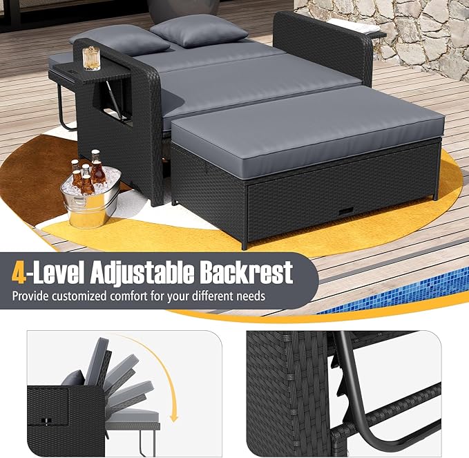 RELAX4LIFE Wicker Patio Outdoor Daybed - Rattan Day Bed Lounger w/Loveseat & Storage Ottoman, Sunbed Sofa Set w/Cushions, 4-Level Adjustable Backrest & 2 Retractable Trays, Patio Daybed (Grey-Black)