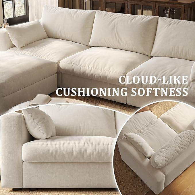 Cloud Modular Sectional Sofa Couch with Storage Ottoman, 70" Oversized Sectional Couches for Living Room, Cloud Modular I-Shaped Sofa with Chaise, Loveseat, Chenille, Beige