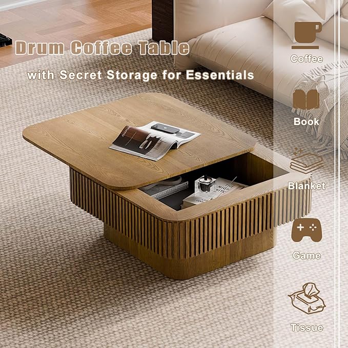 FGXJY Square Small Coffee Table with Storage, Modern Wooden Coffee Table with Solid Wood Veneered, Fluted Center Table Drum Tea Table for Living Room Apartment, 31.5''L×31.5''W×14''H