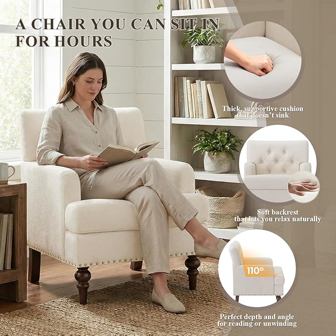 Upholstered Accent Chair with Thick Cushion, High Back Reading Chair, Linen Blend Armchair with Solid Rubberwood Legs for Living Room, Bedroom, Reading Nook, Apartment & Small Spaces,Beige