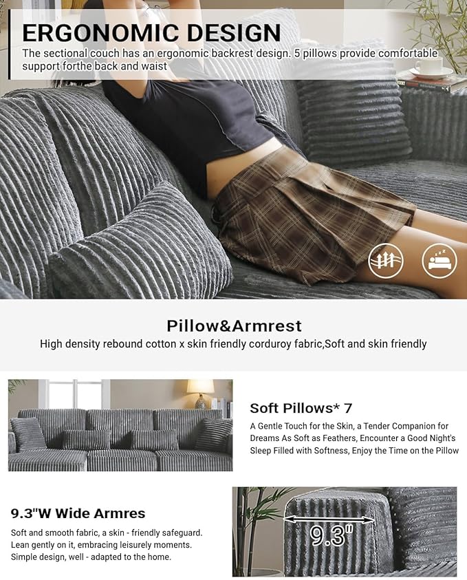 Vanress 110" Cloud Couch Sectional, Corduroy Boneless Couch with L-Shape Chaise,Modern Modular Sectional Sofa Comfy Deep Seat for Living Room, Bedroom, No Assembly (Dark Grey, Right Facing Chaise)