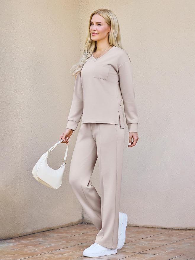 difficort Women's 2 Piece Lounge Sets Casual Travel Airport Outfits Side Slit V-Neck Tops & Wide Leg Pants Matching Set
