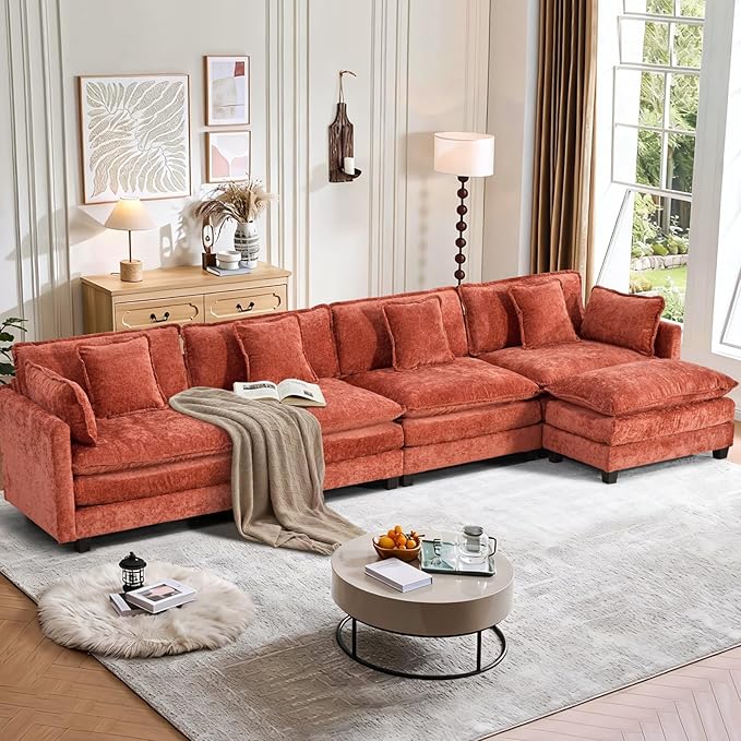 SoarFlash 149.61" Chenille Sectional Sofa, Comfy L Shaped Modular Coush Sofa with Ottoman, Modern 4 Seat Couch Deep Seat Sofa Set for Living Room,Orange