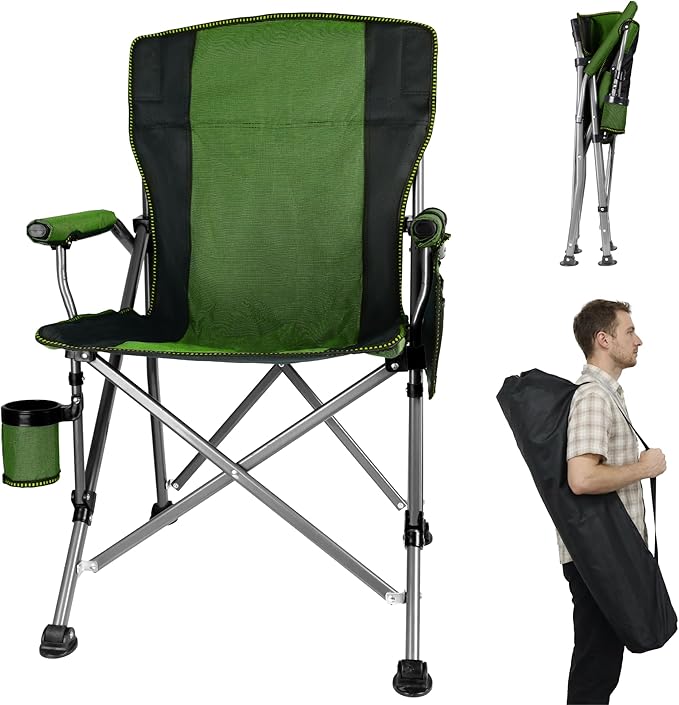 Folding Camping Chair with Cup Holder and Storage Bag, Heavy Duty Support 400 LBS, Oversized Collapsible Portable Camping Chair for Outdoor Camp, Picnic, Travel, Fishing Green