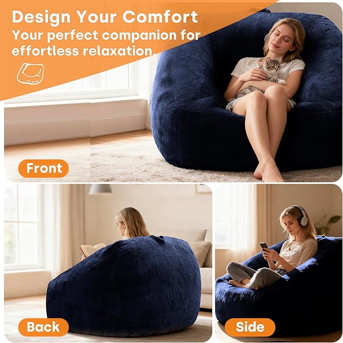COSIEST Bean Bag Chair, Big Comfy Couch with Armrests, Furry Beanbag Chair with Foam Filler for Adults & Kids, Stuffed Accent Sofa for Reading, Lounge Floor Sofa for Living Room, Bedroom, Blue
