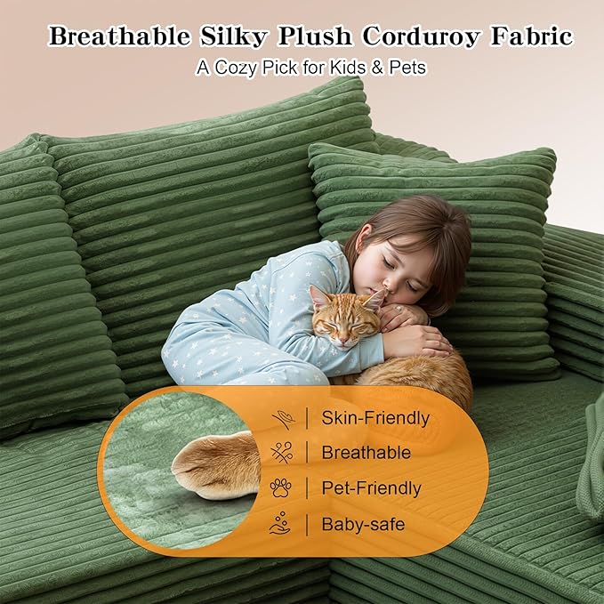 106'' Boneless Couches for Living Room, L Shaped Modular Sectional Sofa with Chaise Lounge, Faux Rabbit Fur Layered Cushion Deep Seat Cloud Couch, No Assembly (Green, 106 L Shaped Left Facing Chaise)