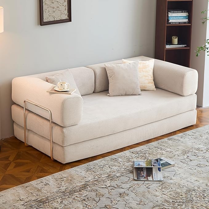 LIAROO 78.8" Convertible Sofa Bed -Compression Sofa with Corduroy Fabric - with Armrests and Backrest - Modular Sectional for Living Room, Bedroom, Studio - Compression Sofa in Box (Beige)