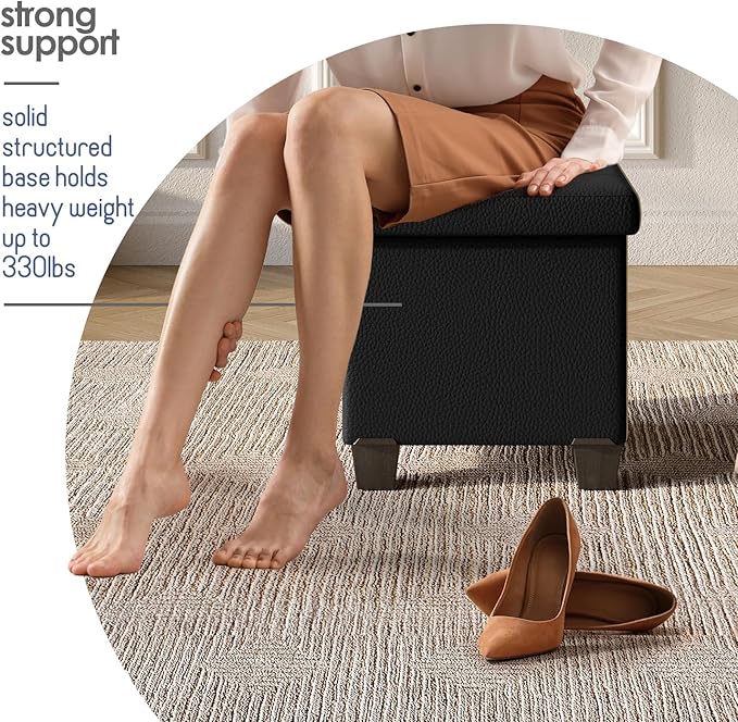 Storage Ottoman Cube with Small Bin, 16-in Square Ottoman with Storage for Living Room and Bedroom, Small Ottomans Foot Rest, Faux Leather Foot Stools Ottomans Max 330lbs, Black