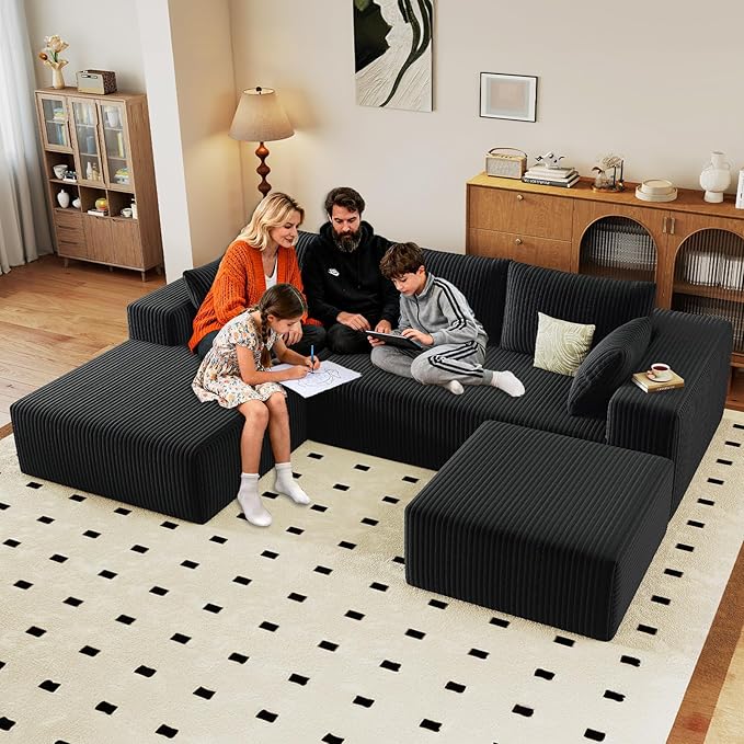 96" W Cloud Sectional Couch with Ottoman,Modern U-Shaped Cloud Couch with Deep Seat,Comfy Corduroy 3-Seater Sofa,Memory Foam Sofa for Living Room,No Assembly (Black,Left-Facing Chaise)