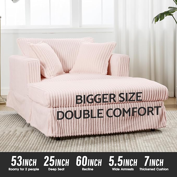 Indoor Chaise Lounge Chair with Ottoman, Comfy Faux Fur Plush Corduroy Lounge Sofa, Modern Cloud Couch Chair with Wide Armrests (Pink (No Storage))