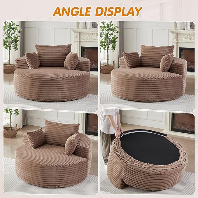 55"W Oversized Round Chair Lounge Chaise Indoor, Upholstered Comfy Circle Sofa Armchair, Modern Cozy Boneless Foam Floor Reading Chair for Living Room, Bedroom, No Assembly Required(Corduroy, Brown)