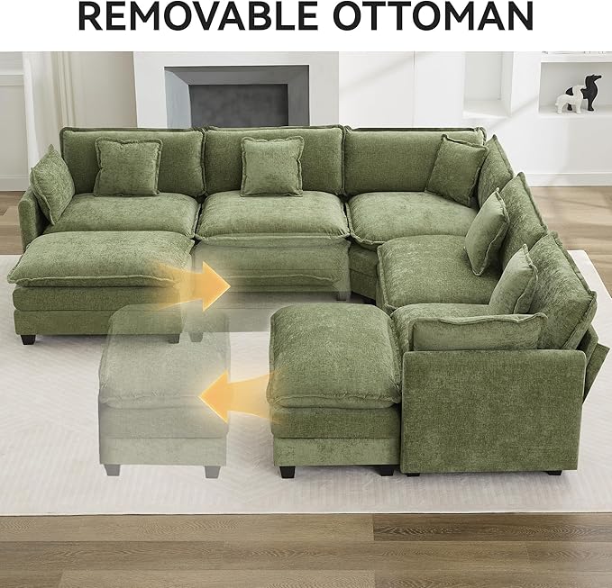 113'' V Shaped Cloud Sectional Sofa, Oversized Deep Seat Couches for Living Room, Chenille Comfy Upholstered Modular Sectional Sofa Couch with 2 Movable Ottoman, Green
