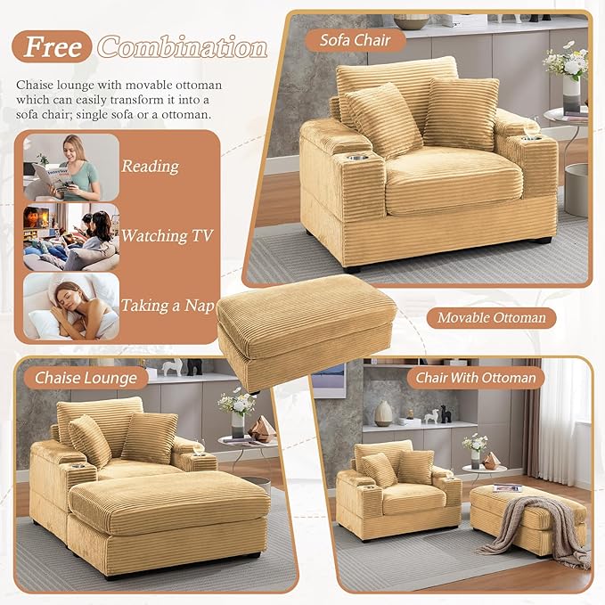 50" Oversized Indoor Chaise Lounge Chair with Ottoman & Storage, Reclining Sleeper Design, Comfy Deep Seat Corduroy Upholstered, Built-in Cup Holder, Ideal for Living Room, Bedroom, Yellow
