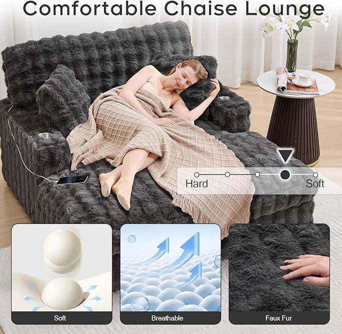 52.5 Inch Oversized Chaise Lounge Chair Indoor, Faux Fur Upholstered Sleeper Couch, Ergonomic Deep Seat Sleeper Sofa with Plush Pillows, Cup Holders, USB Port, Reading Chairs for Living Room/Dark Grey